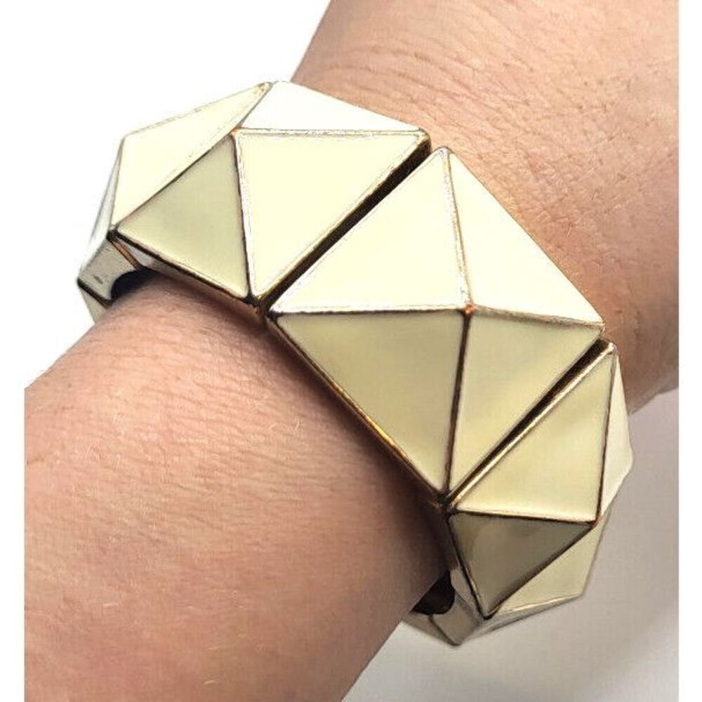 Vintage 80s Cream and Gold Enamel Pyramid Bangle Bracelet 7.25